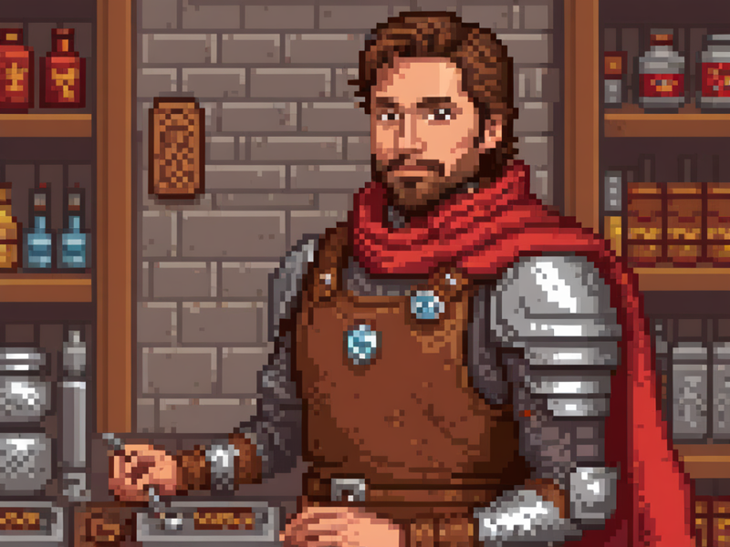 31073206-4284664438-pixel art of young handsome man with brown hair and beard, an artificer wearing a red scarf and plate armor, gadgets, inventions.png